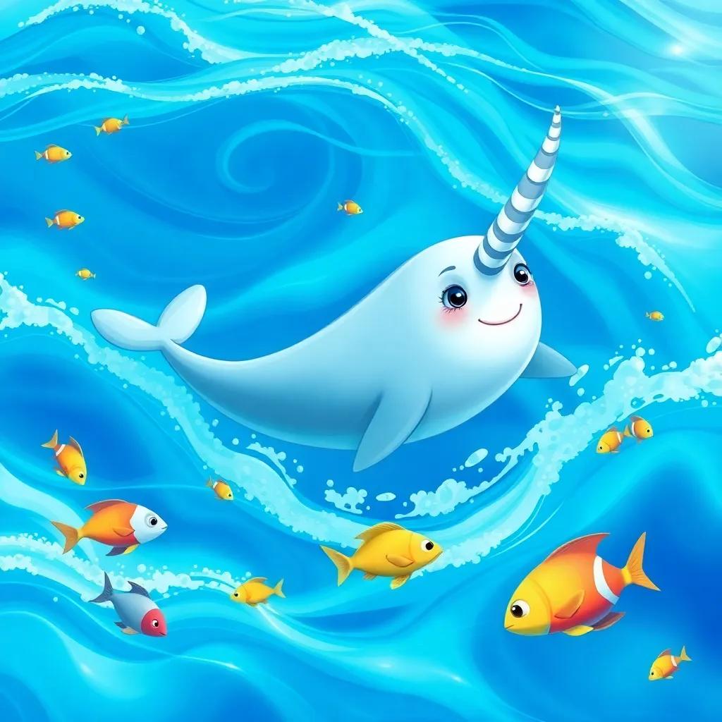 A graceful narwhal, swimming in blue ocean waves, with a long spiraled tusk and friendly eyes, colorful fish swimming around, clear sunny day, illustration, bright colors, peaceful vibes, high quality
