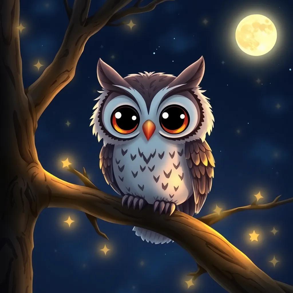 A wise owl, perched on a tree branch at night, with big bright eyes and a charming smile, surrounded by twinkling stars and a shining moon, digital painting, magical colors, cozy atmosphere, high quality
