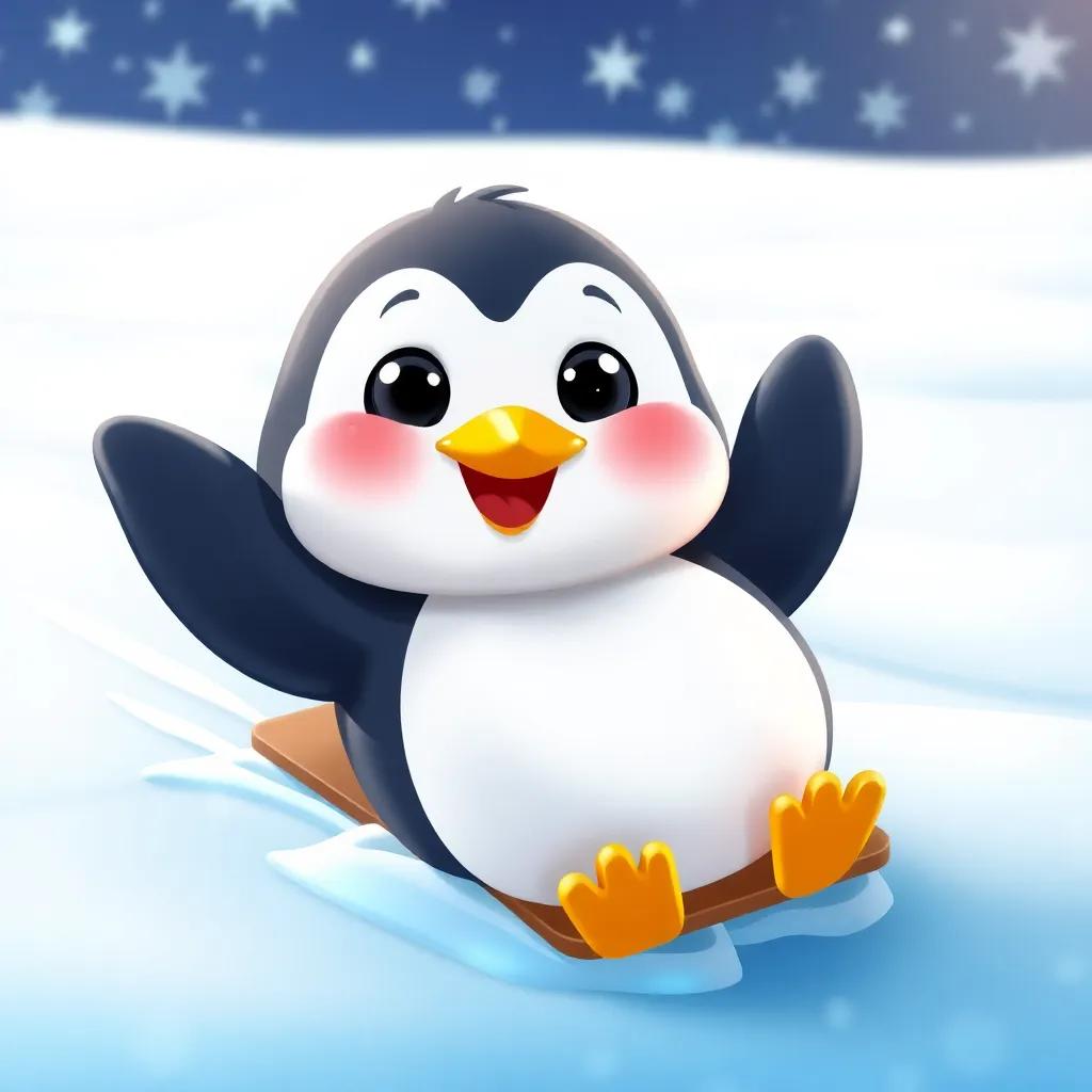 A cute penguin, sliding on the ice, with a happy face and a friendly wave, snowy background with glittering snowflakes, bright and cheerful, cartoon style, joyful colors, inviting scene, high quality