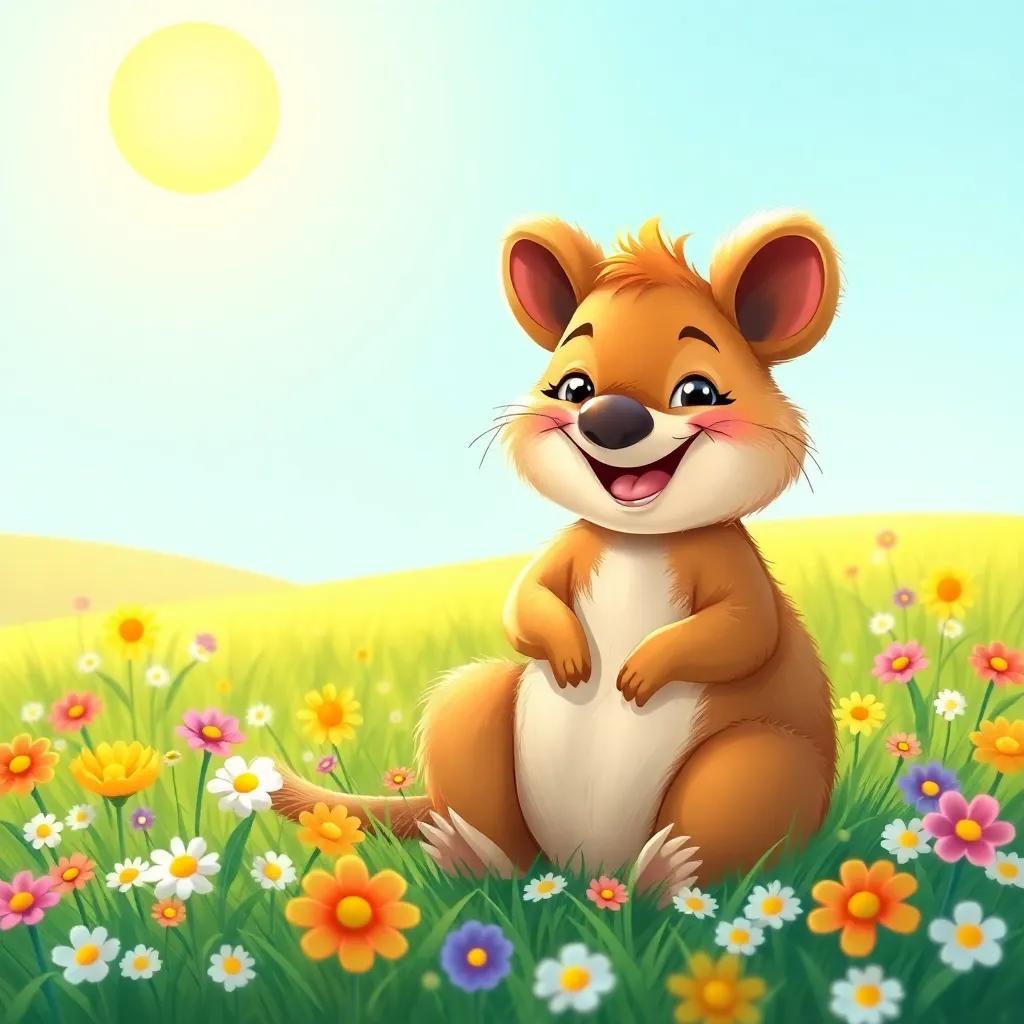 A smiling quokka, sitting on a sunny meadow filled with flowers, looking friendly and inviting, bright sun shining down, cheerful and vibrant colors, illustration, happy atmosphere, child-friendly
