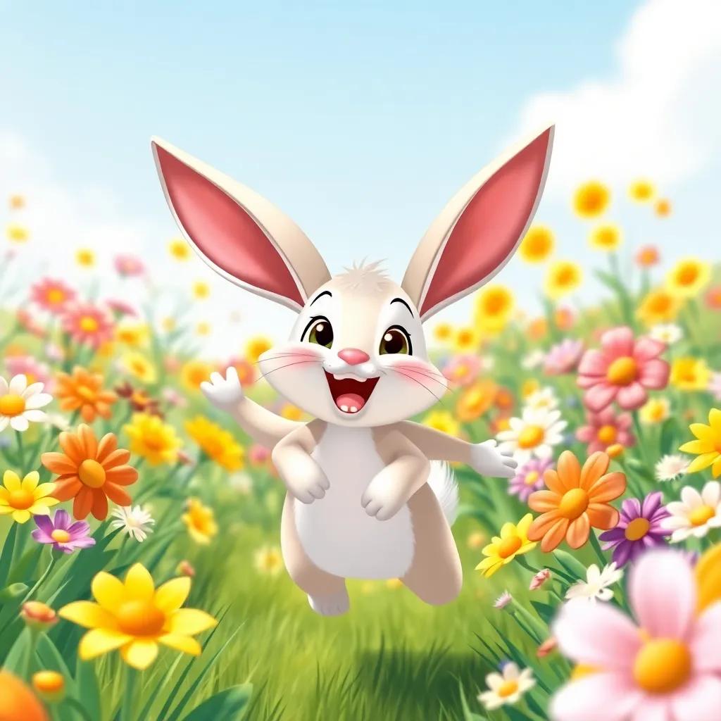 A happy rabbit, hopping through a field of colorful flowers, with big long ears and a joyful expression, bright sunny day, illustration, cheerful colors, playful atmosphere, child-friendly