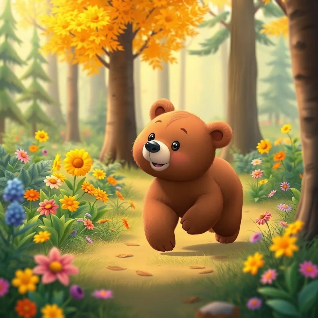 A cute brown bear roaming in a forest, looking at colorful flowers and trees, cheerful digital art, warm colors, inviting scenes, high quality