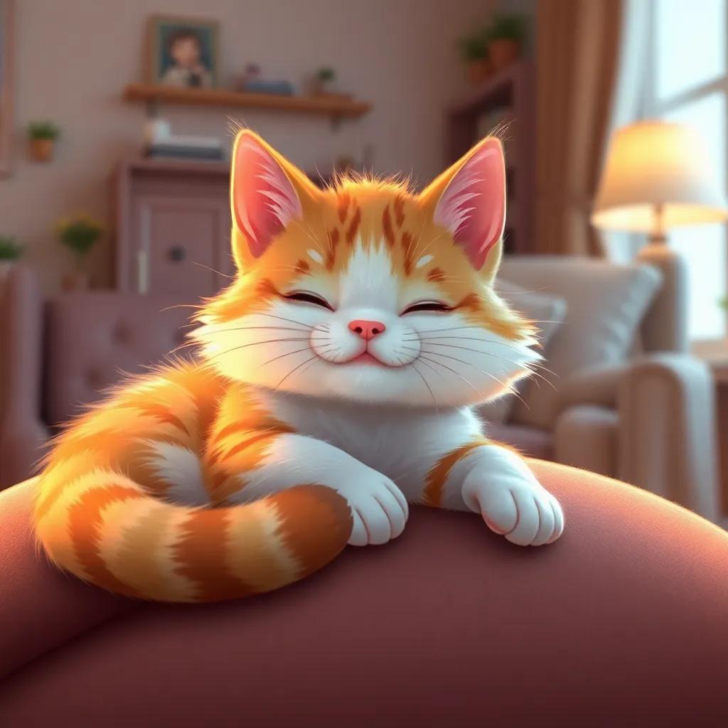 A sweet cat resting on a lap, purring contentedly with a soft background of a cozy room, digital art, soft lighting, warm and inviting, child-friendly