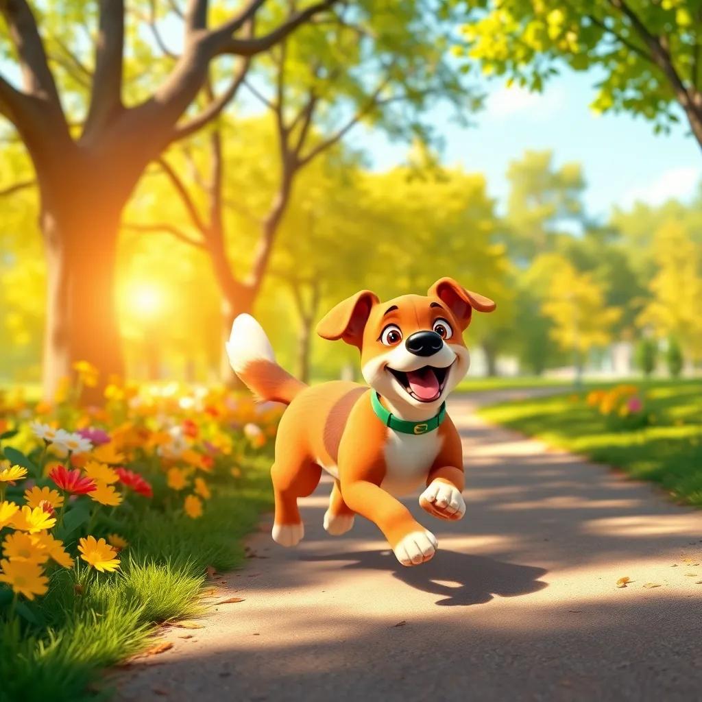 A playful dog running through a sunny park, tail wagging, surrounded by trees and flowers, digital art, bright colors, lively atmosphere, high quality