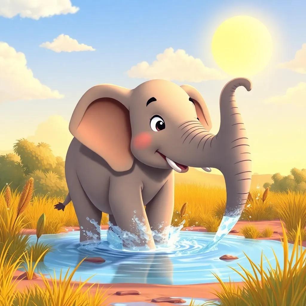 An elephant splashing water with its trunk in a sunny safari scene, surrounded by grass and bushes, digital art, bright, colorful, warm atmosphere, Child-friendly