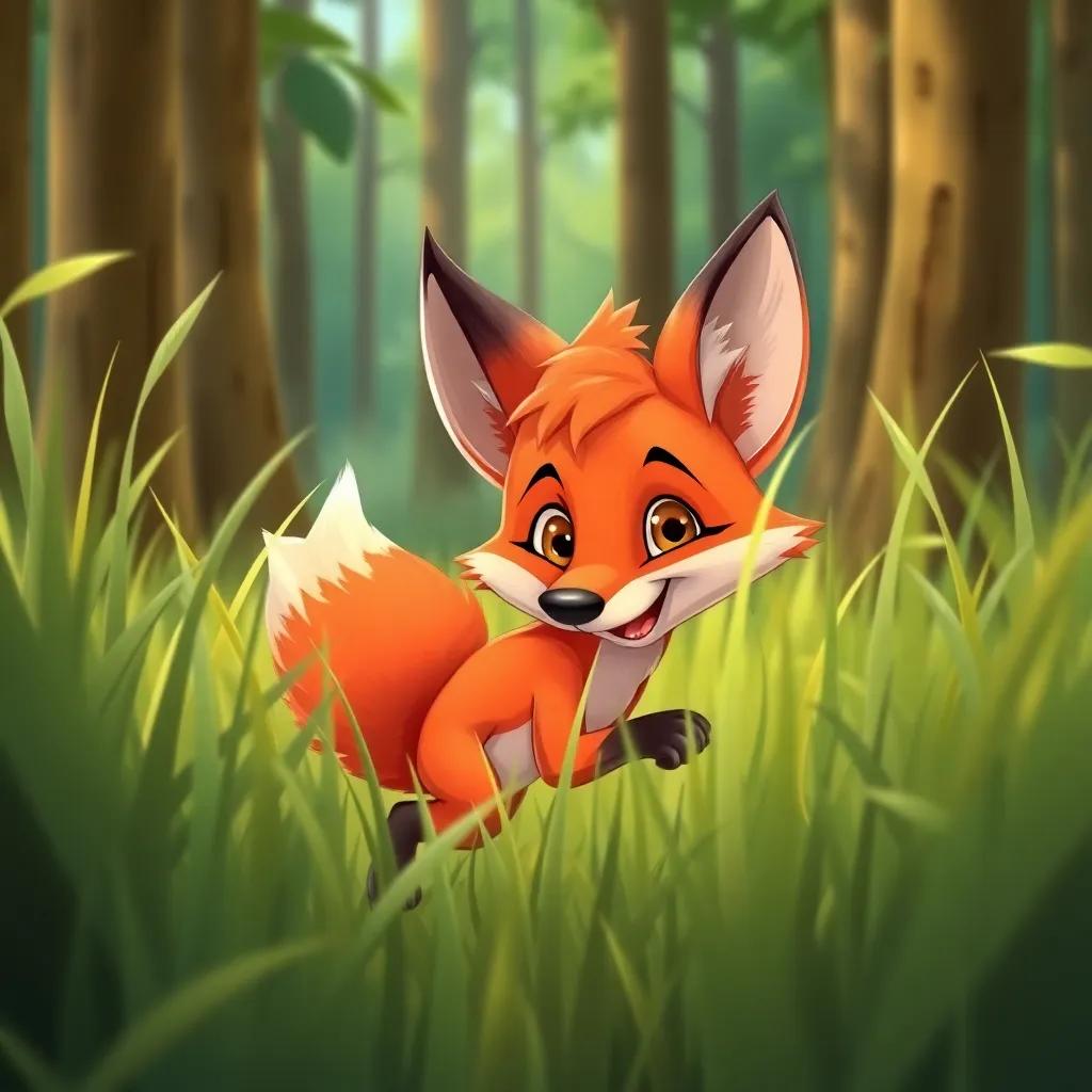A red fox sneaking playfully through tall grass in the forests, bright colors, friendly atmosphere, cartoon style, high quality