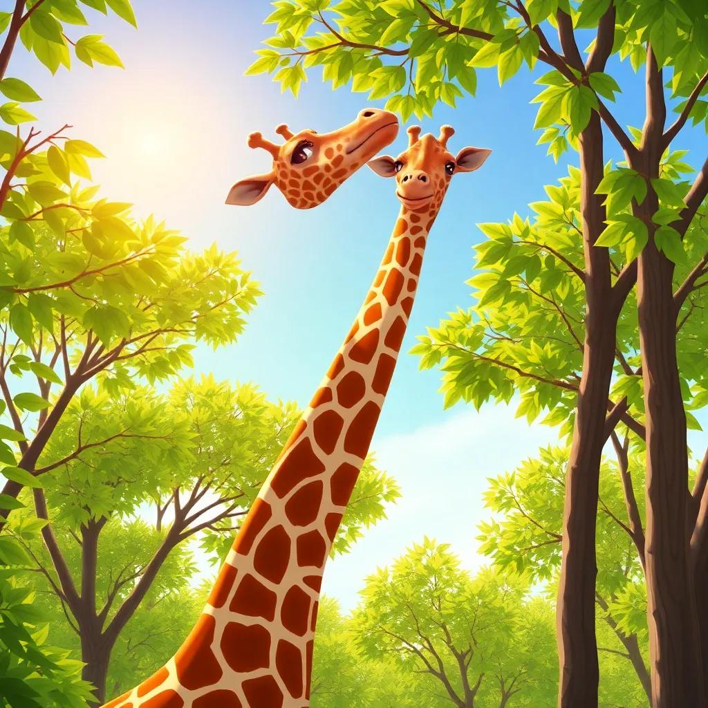 A tall giraffe reaching for green leaves in the trees, sun shining in the background, digital art, vibrant colors, child-friendly, illustration style