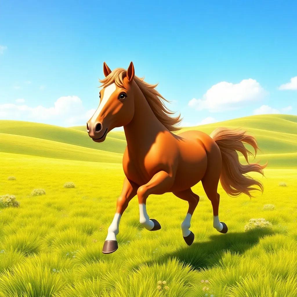 A proud horse galloping in an open field, with rolling hills in the background, cheerful digital art, bright sunny colors, joyful atmosphere, high quality