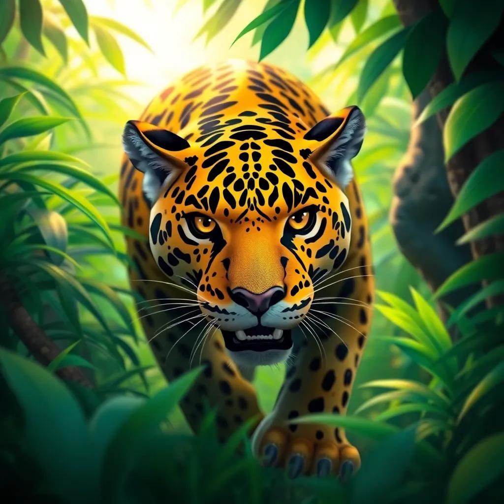 A majestic jaguar prowling through vivid green jungle, looking stealthy and cool, digital art, lively colors, dynamic atmosphere, child-friendly