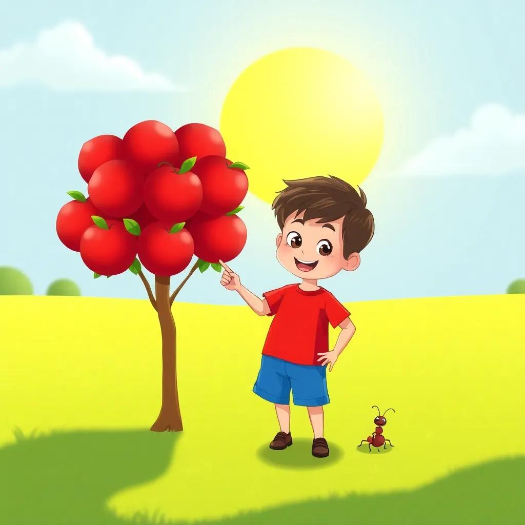 A bright sunny day with a big, shining sun in a clear blue sky. A little boy named Max, about 4 years old, wearing a red t-shirt and blue shorts, pointing at a red apple tree while a tiny ant crawls on the ground, illustrated, cheerful, child-friendly, vibrant colors, happy atmosphere