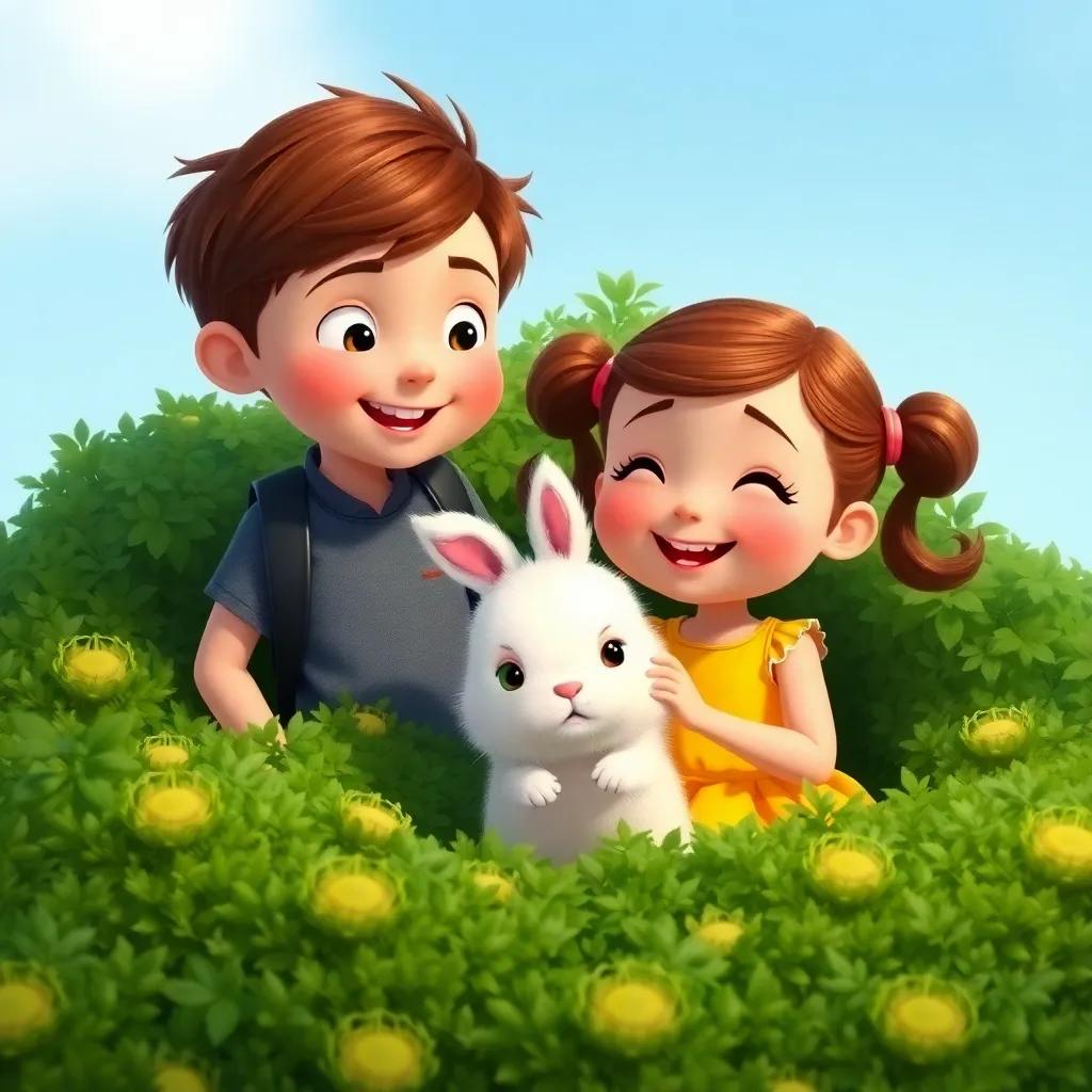 Max and a girl named Ellie, around the same age, with pigtails and a yellow dress, playing with a fluffy white bunny in a green bush, detailed illustration, playful, bright colors, happy setting, child-friendly, animated style
