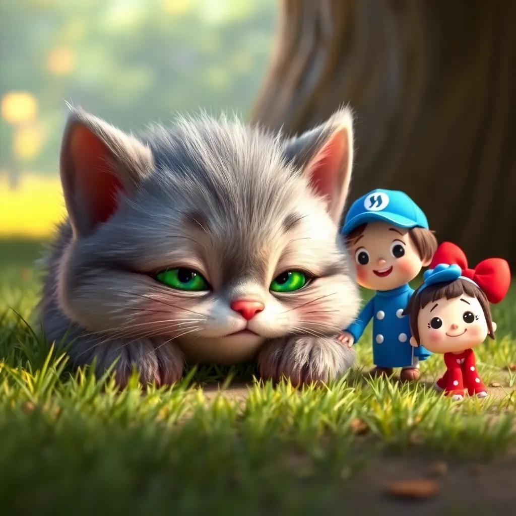 A small fluffy cat with grey fur and big green eyes napping peacefully on the grass. Max and Ellie are standing excitedly next to it, Max with a blue cap and Ellie in a red bow, colorful setting, warm light, inviting atmosphere