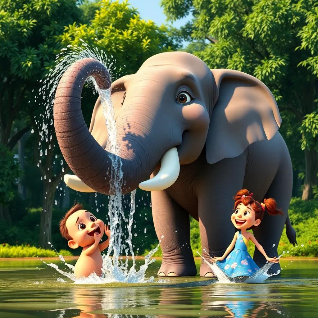 A large elephant spraying water with its trunk, surrounded by green trees and cheerful Max and Ellie laughing as they play in the splash, animated style, vibrant colors, lively environment, child-friendly imagery