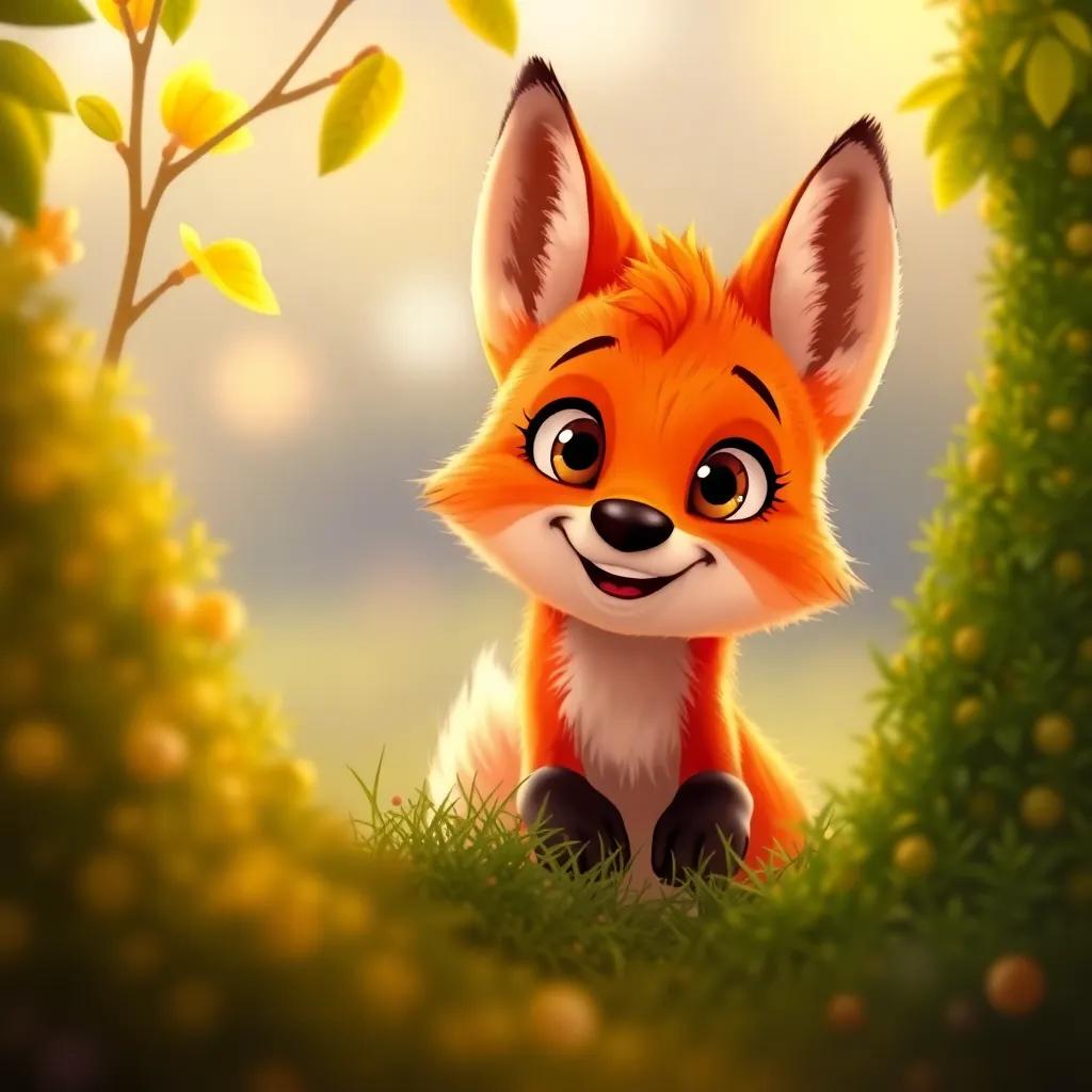A cute red fox peeking out from behind a bush, with Max and Ellie excitedly looking at it while playing. The fox has bright orange fur and big eyes, colorful, warm scene, fun atmosphere