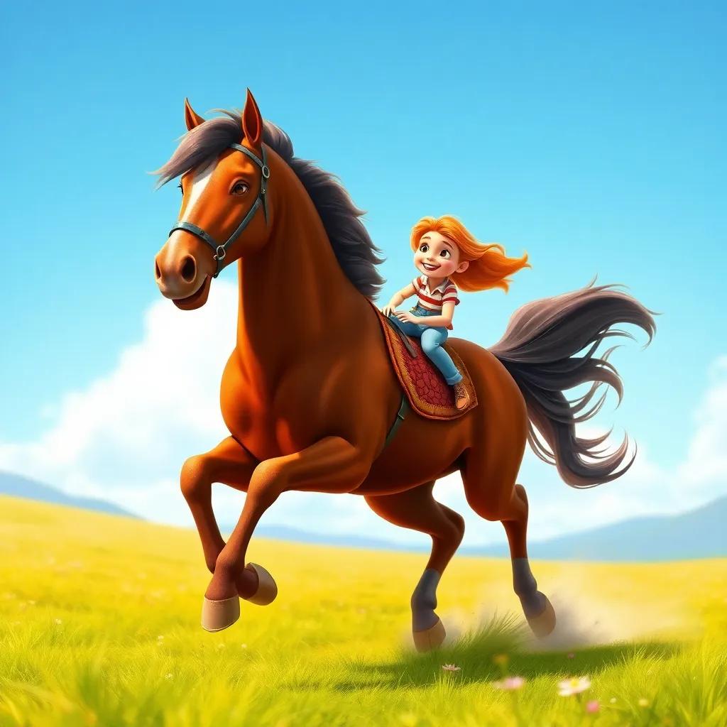 A majestic brown horse galloping in a field, with Max and Ellie on its back smiling joyfully. The horse's mane is flowing in the breeze, colorful background, bright day, happy feel, inviting art style