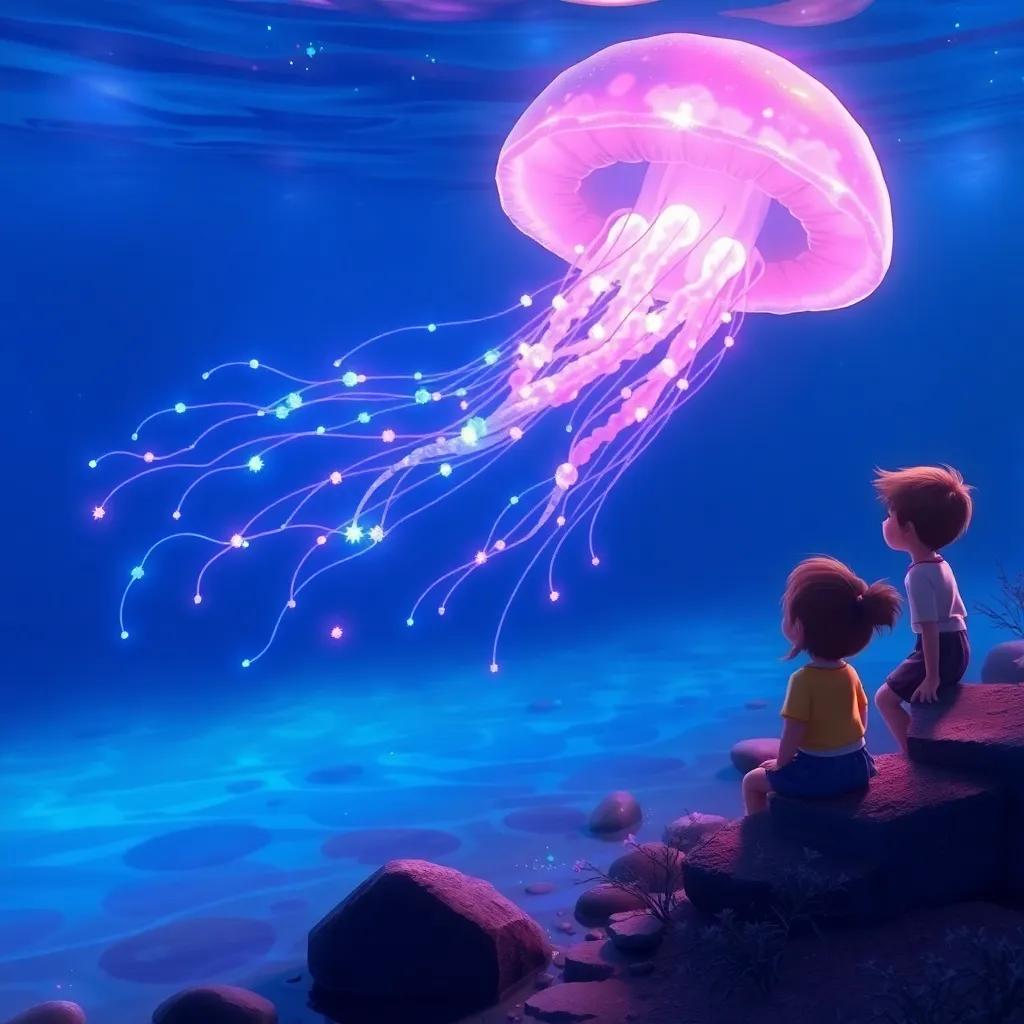 A glowing jellyfish swimming in clear water, Max and Ellie watching with awe from the bank. The jellyfish pulses with blues and pinks, vibrant colors, magical atmosphere, child-friendly