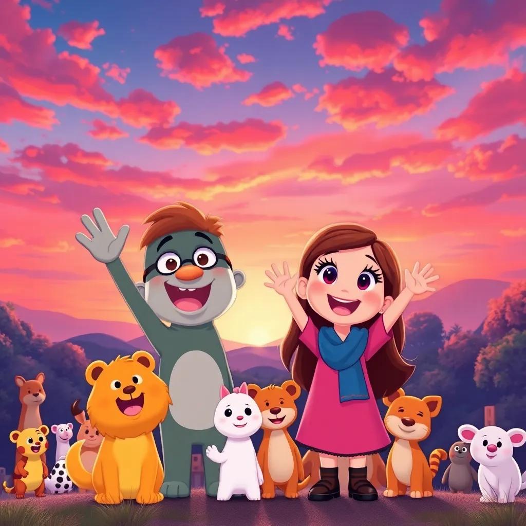 Max and Ellie waving goodbye to all their animal friends under a colorful sunset sky, filled with pinks, oranges, and purple hues, happy atmosphere, cheerful, child-friendly scene