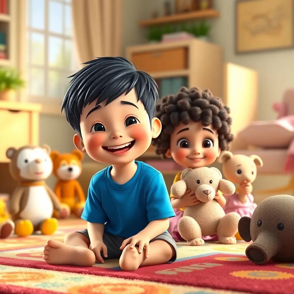 A joyful little boy, Sam, with short black hair wearing a blue t-shirt, sitting on a colorful rug in a cozy room surrounded by animal toys and a smiling girl, Mia, with curly hair in a pink dress holding a teddy bear, bright and cheerful, child-friendly, playful atmosphere, warm light