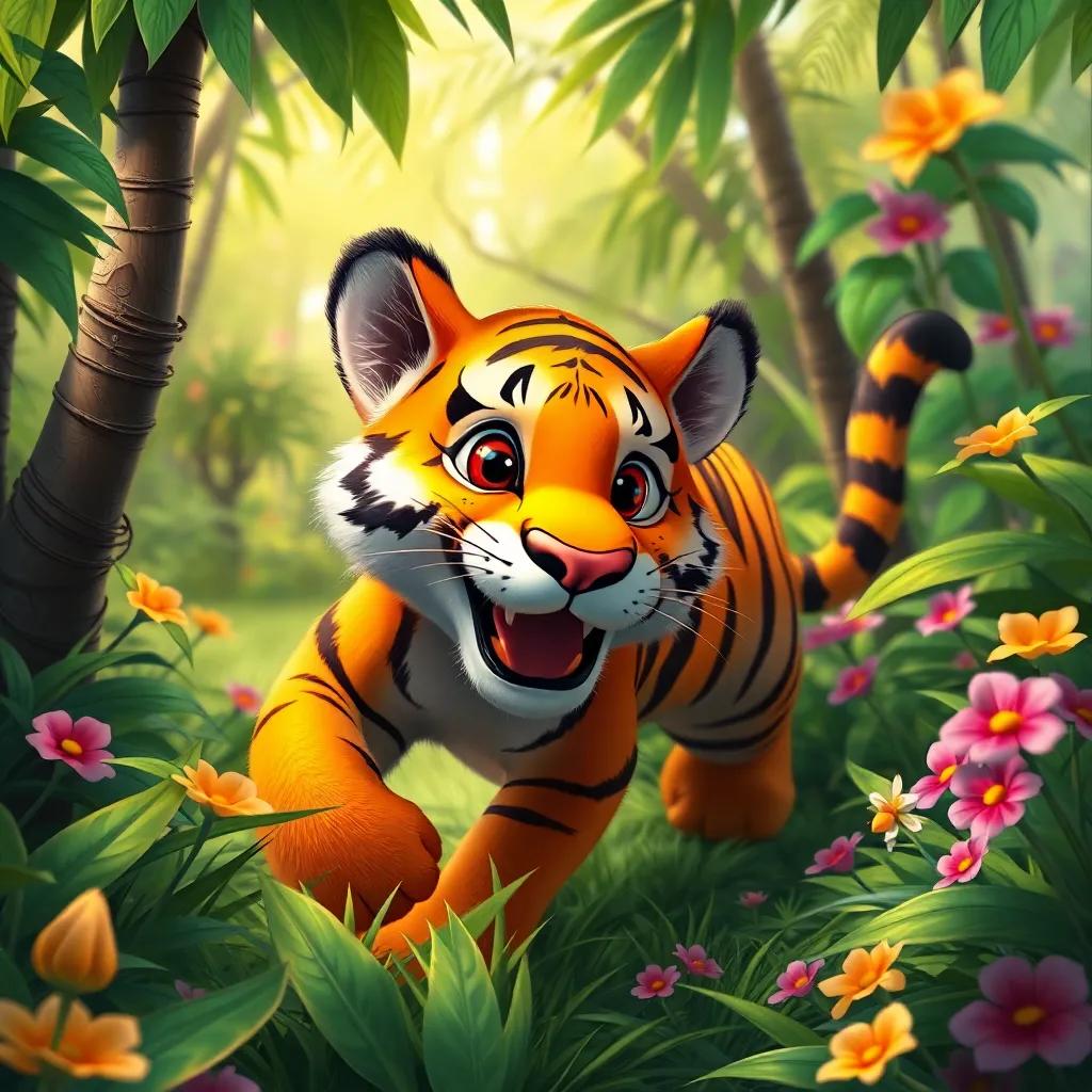 A playful tiger in a vibrant jungle, with bright orange fur and dark stripes, sneaking through green trees and colorful flowers, exciting, detailed, engaging, vivid jungle scene