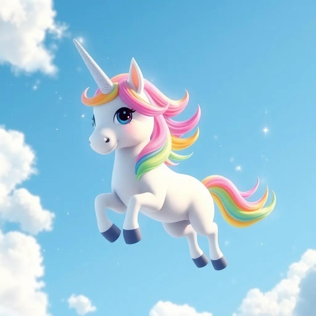A magical unicorn with a shiny silver horn and rainbow mane, surrounded by sparkles and fluffy clouds, flying through a bright blue sky, enchanting, colorful, child-friendly dreamland