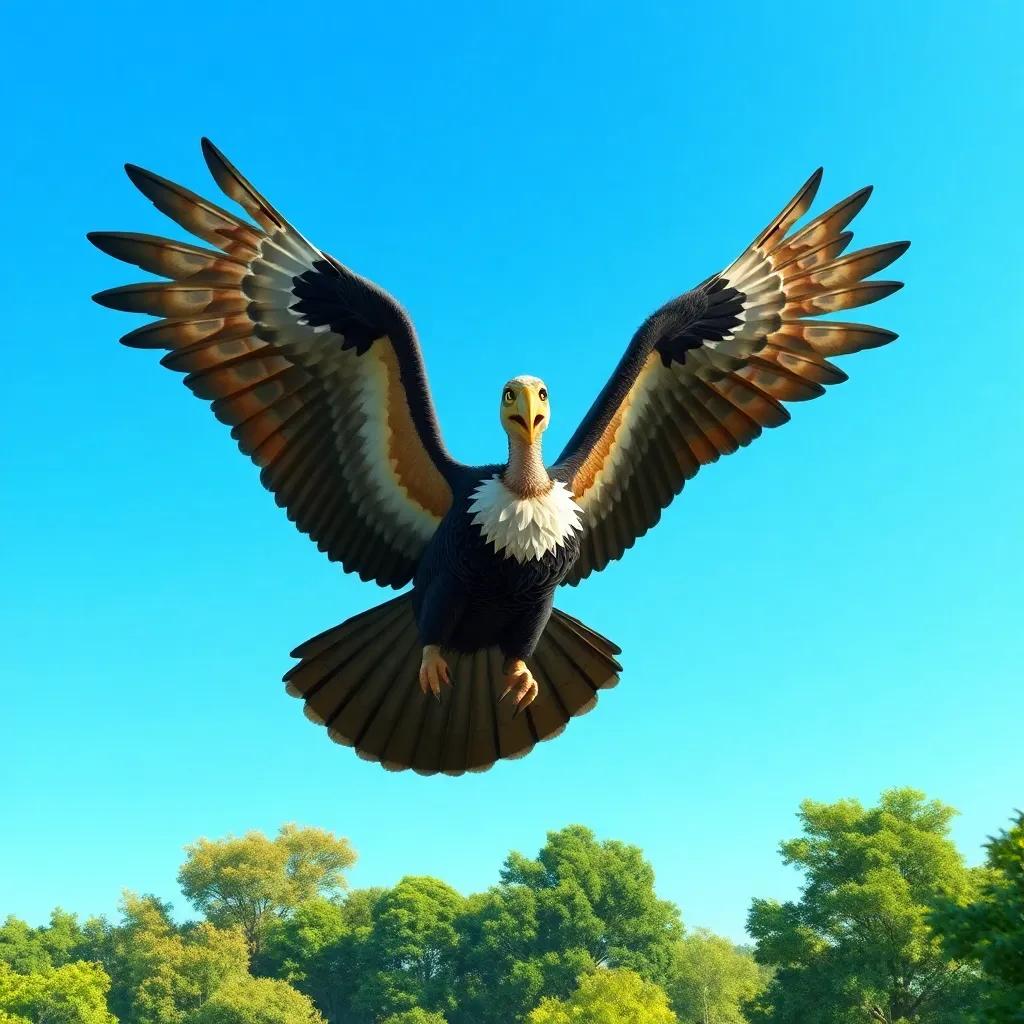 A large vulture with big wings, soaring high above a green forest, spreading its wings wide against a clear blue sky, majestic and friendly, colorful, natural scene