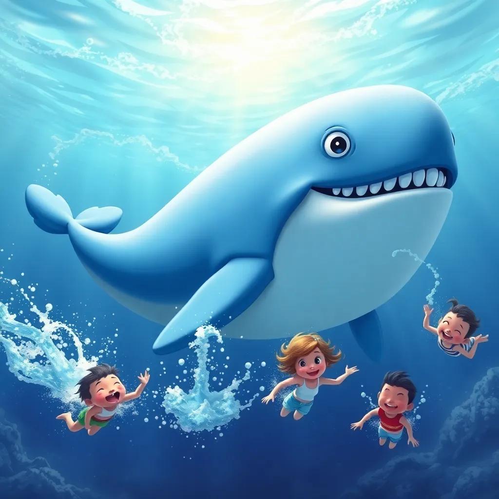 A huge friendly blue whale swimming in a sparkling ocean, splashing water around with happy children swimming nearby, joyful, bright colors, underwater magic
