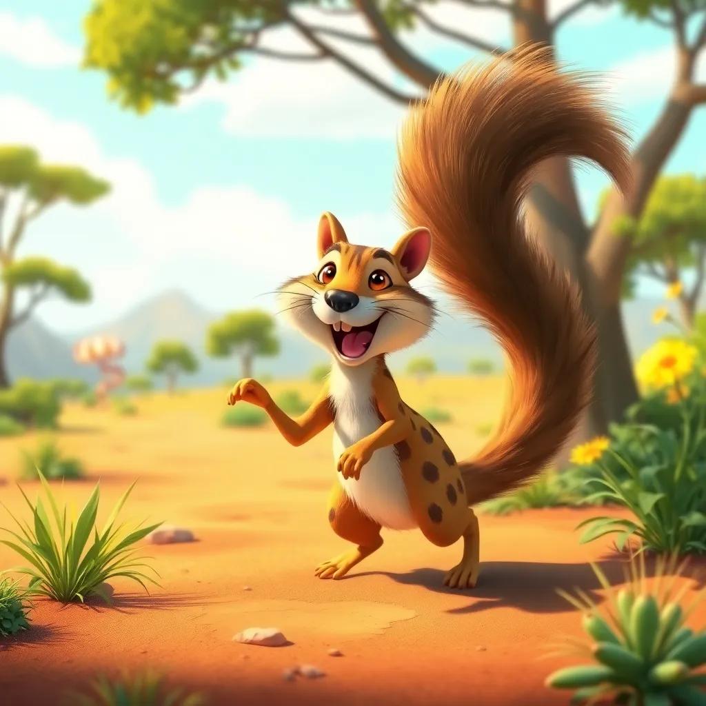 A funny xerus, a cute ground squirrel with a bushy tail, hopping around in a colorful African landscape, adding charm and humor, bright and cheerful