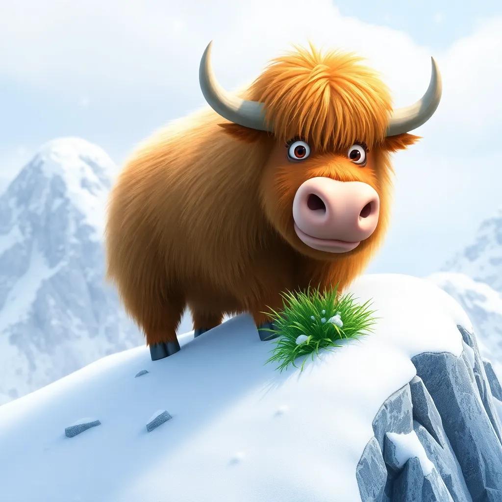 A big fluffy yak climbing a snowy mountain, munching on grass, covered with snow, playful, winter wonderland, fun and engaging scene