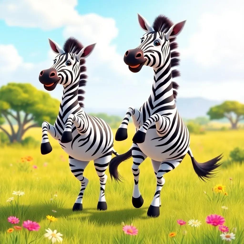 Two zebras with black and white stripes dancing joyfully in a bright savanna with grass and flowers, cheerful, colorful, energetic atmosphere, fun dance scene