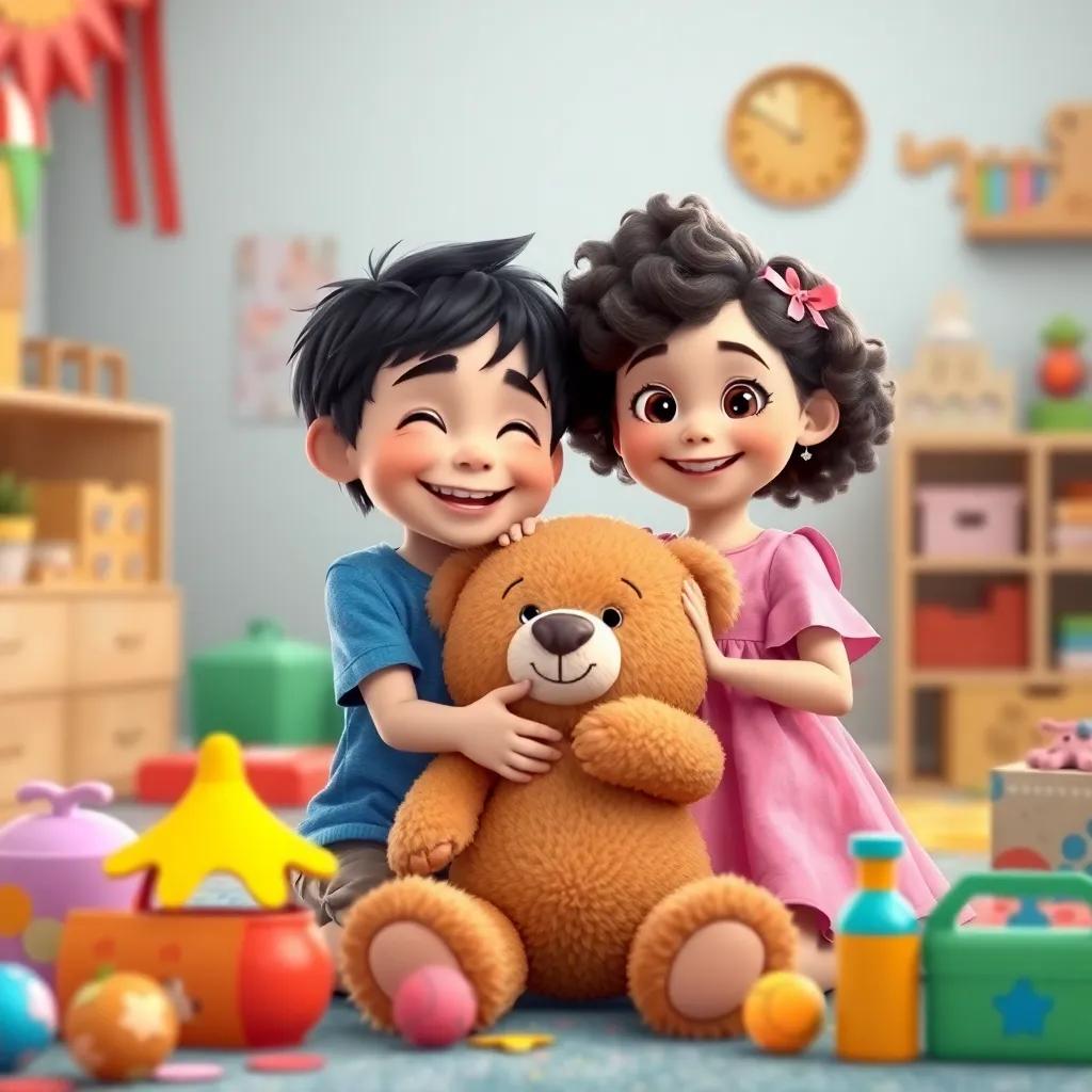Two happy children, Sam with short black hair in a blue t-shirt and Mia with curly hair in a pink dress, hugging a teddy bear surrounded by their craft, colorful room, joyful and loving atmosphere, warmth and happiness