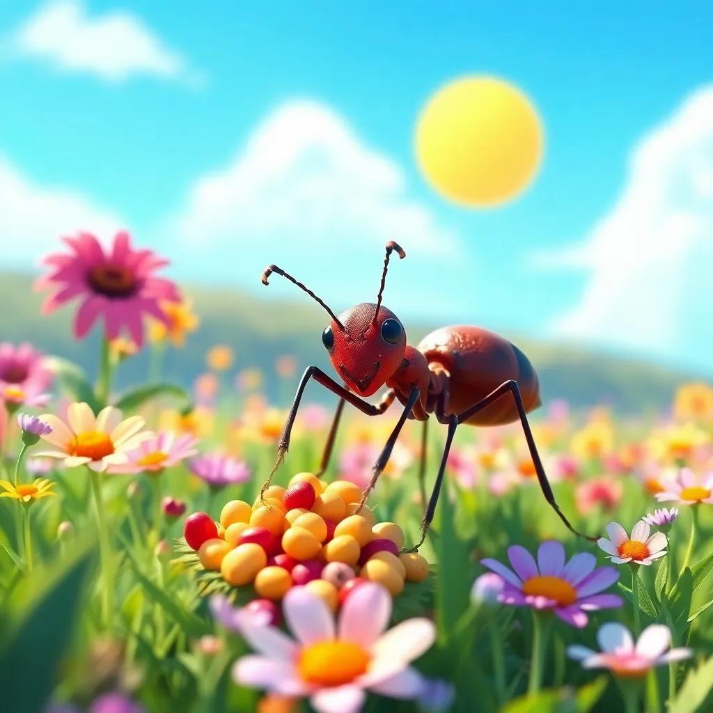 An ant working hard in a sunny field, gathering food, with a bright blue sky and colorful flowers around, digital art, vibrant colors, cheerful atmosphere, high quality
