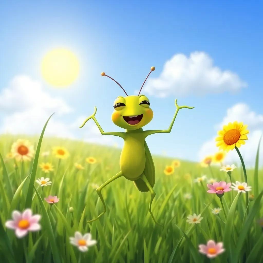 A grasshopper dancing and singing under a sunny sky, joyful expression, surrounded by green grass and flowers, digital painting, fun and playful, bright colors, cheerful