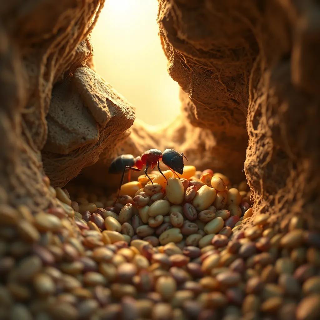 An ant filling her home with food, a cozy little burrow, surrounded by stored grains and seeds, warm light, earth tones, detailed digital art, inviting atmosphere