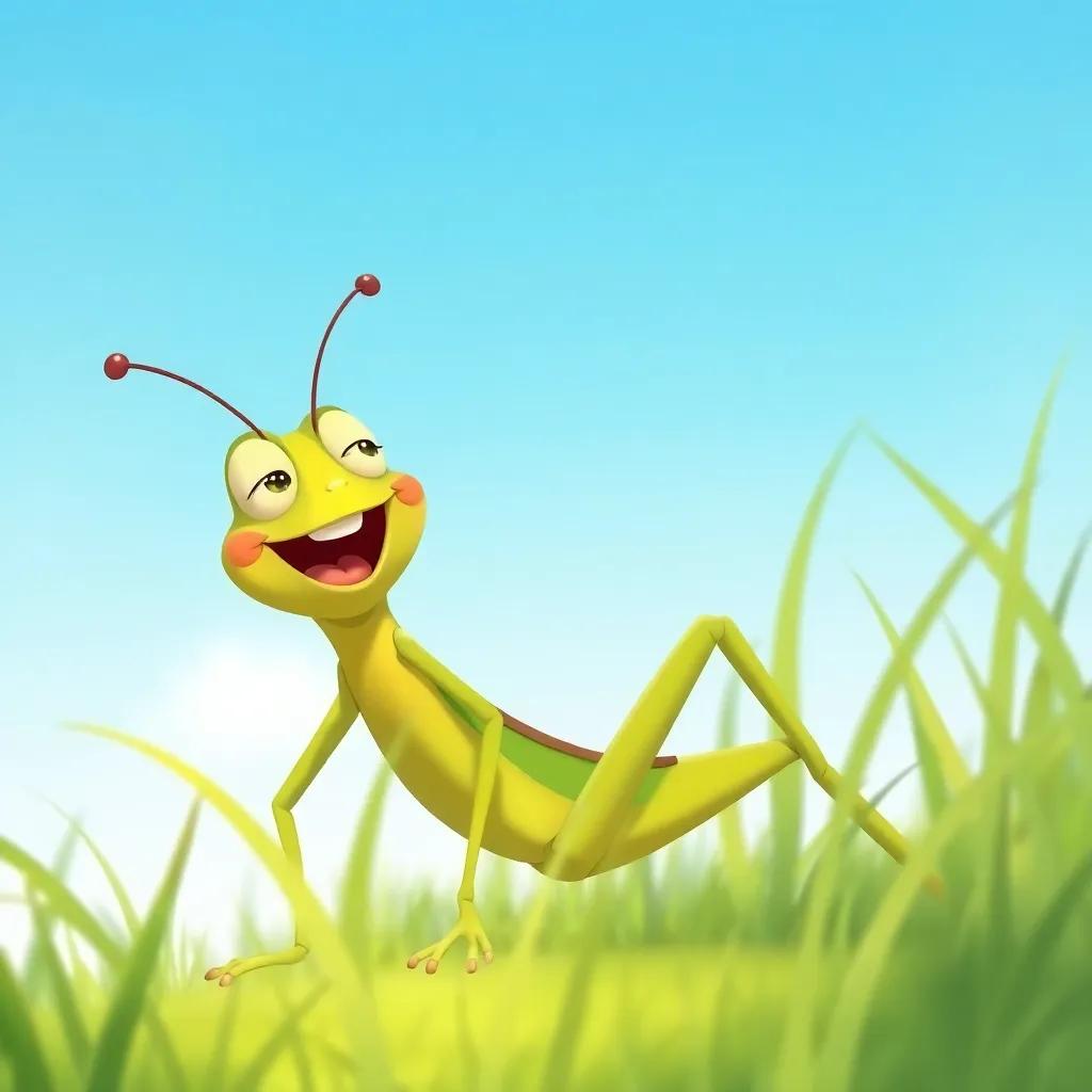 A grasshopper laughing and playing in the grass, carefree and happy, with a bright blue sky in the background, illustration, joyful colors, whimsical style