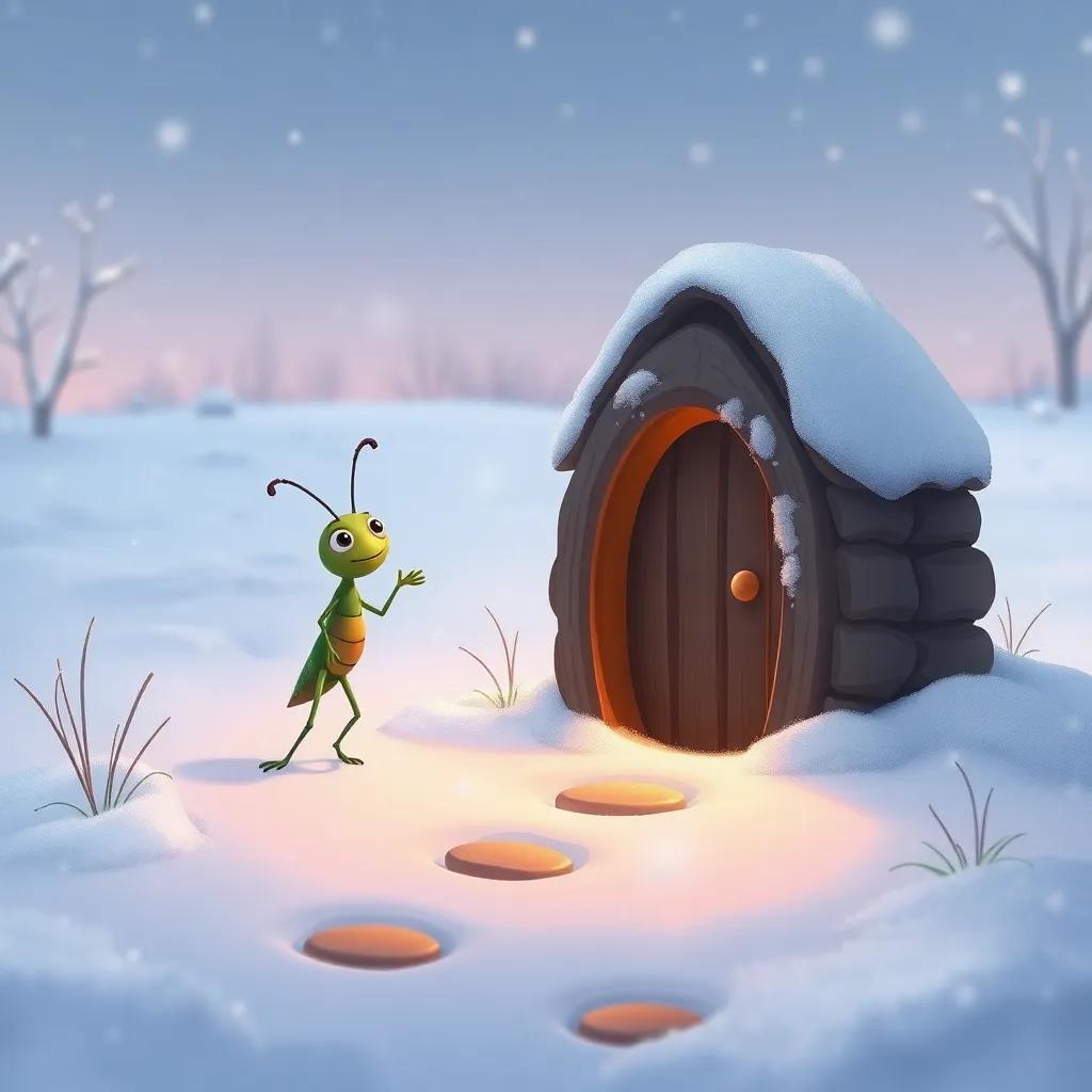 A winter scene, with a snow-covered field, a shivering grasshopper knocking on a cozy ant's door, warm light glowing from inside, illustration, soft colors, heartwarming