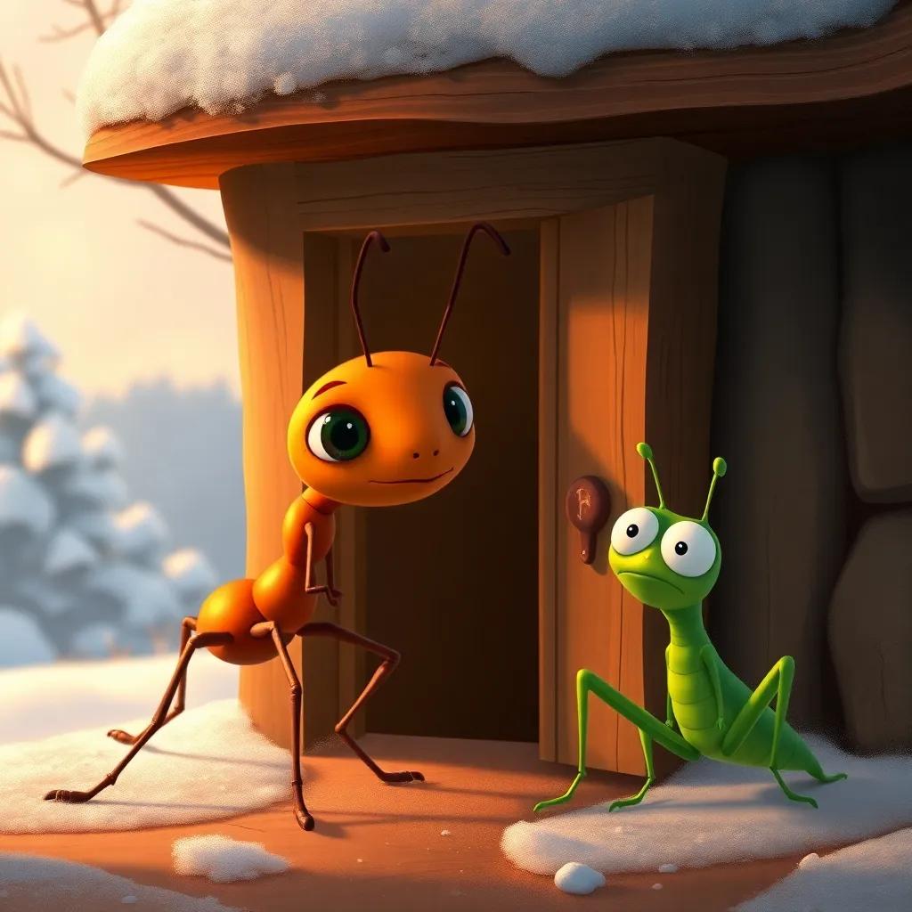 An ant opening her door to the grasshopper, showing kindness, with a worried expression on the grasshopper's face, a snowy landscape behind, digital painting, warm and friendly