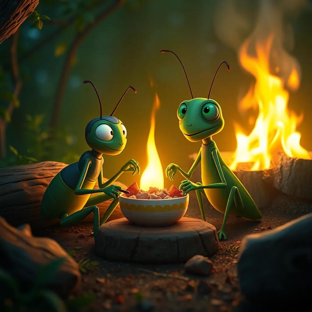 The ant and the grasshopper together by a warm fire, sharing food, a cozy atmosphere with glowing embers, soft light, heartwarming colors, storytelling scene