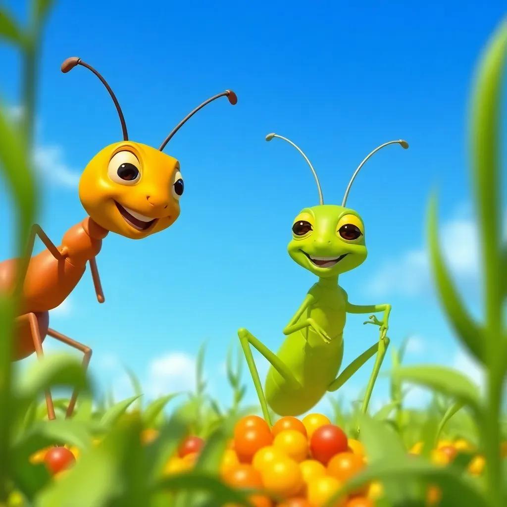 The ant and the grasshopper working together in a field, joyful expressions, under a sunny blue sky, harvesting food, lively colors, friendly atmosphere