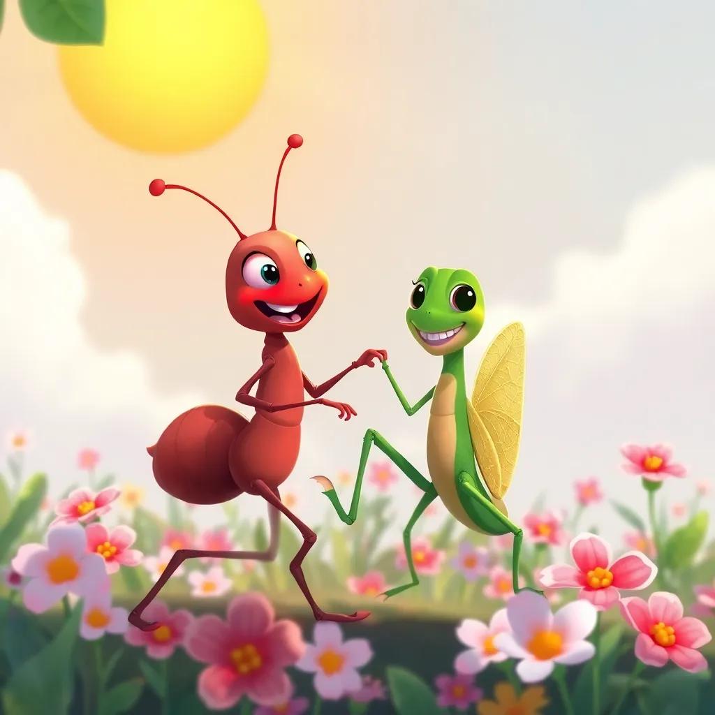 An illustration of the ant and grasshopper dancing together under the sun, happy and carefree expressions, flowers blooming around them, colorful and vibrant scene