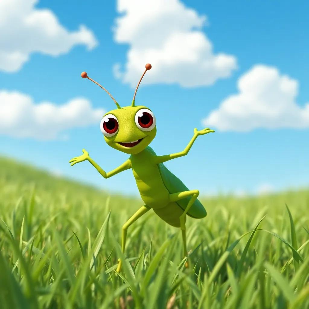 A carefree grasshopper with green body and big eyes dances joyfully in the grass, under a blue sky with fluffy white clouds, illustration, playful and lively, bright colors, joyful scene, high quality
