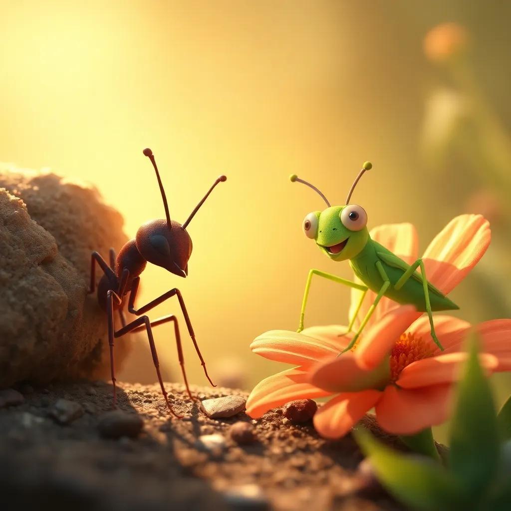 The ant, busy and focused, works diligently, while the grasshopper looks on laughingly from a nearby flower, with a warm golden glow of summer light, digital painting, detailed and whimsical, heartwarming perspective, high quality