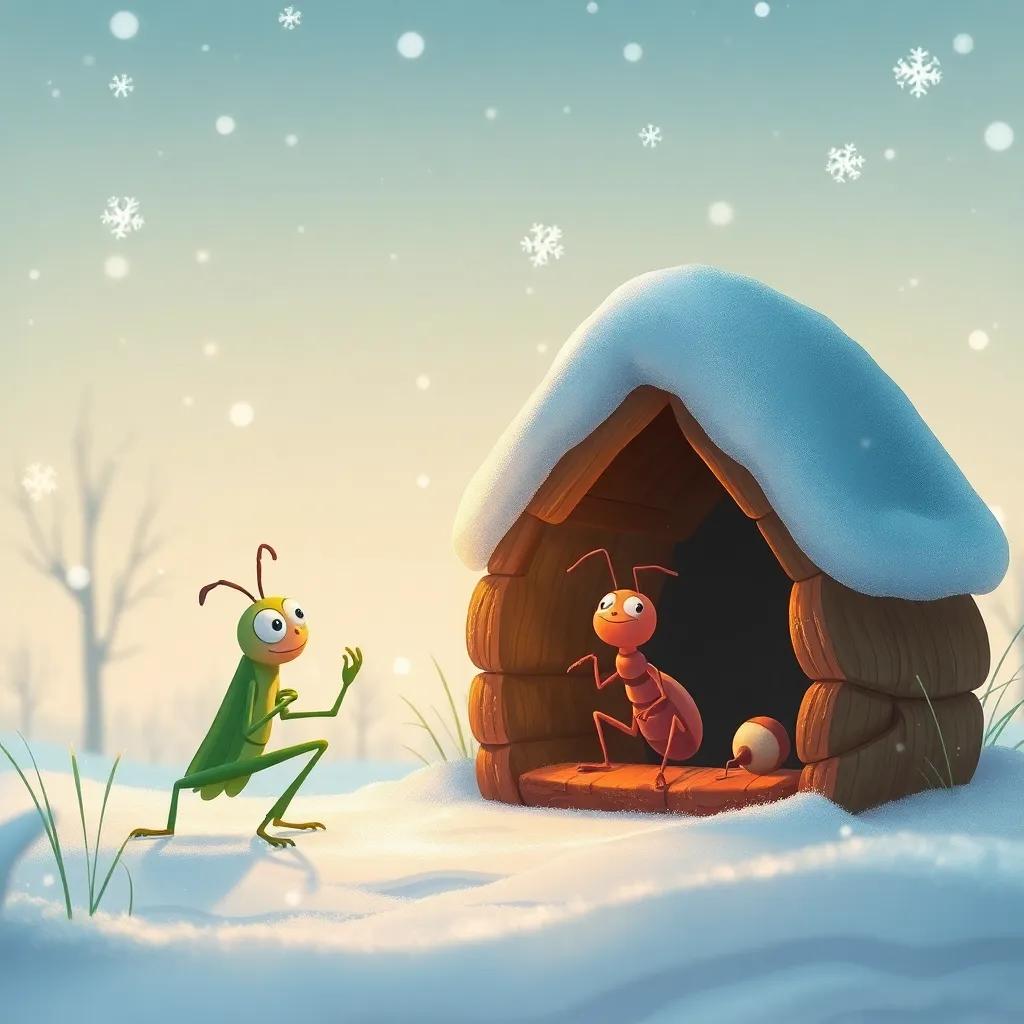 Winter arrives with swirling snowflakes in the air, the grasshopper shivers as he looks at his empty home while the ant enjoys his cozy shelter, illustration, soft and cool colors, contrasting warmth and cold, high quality