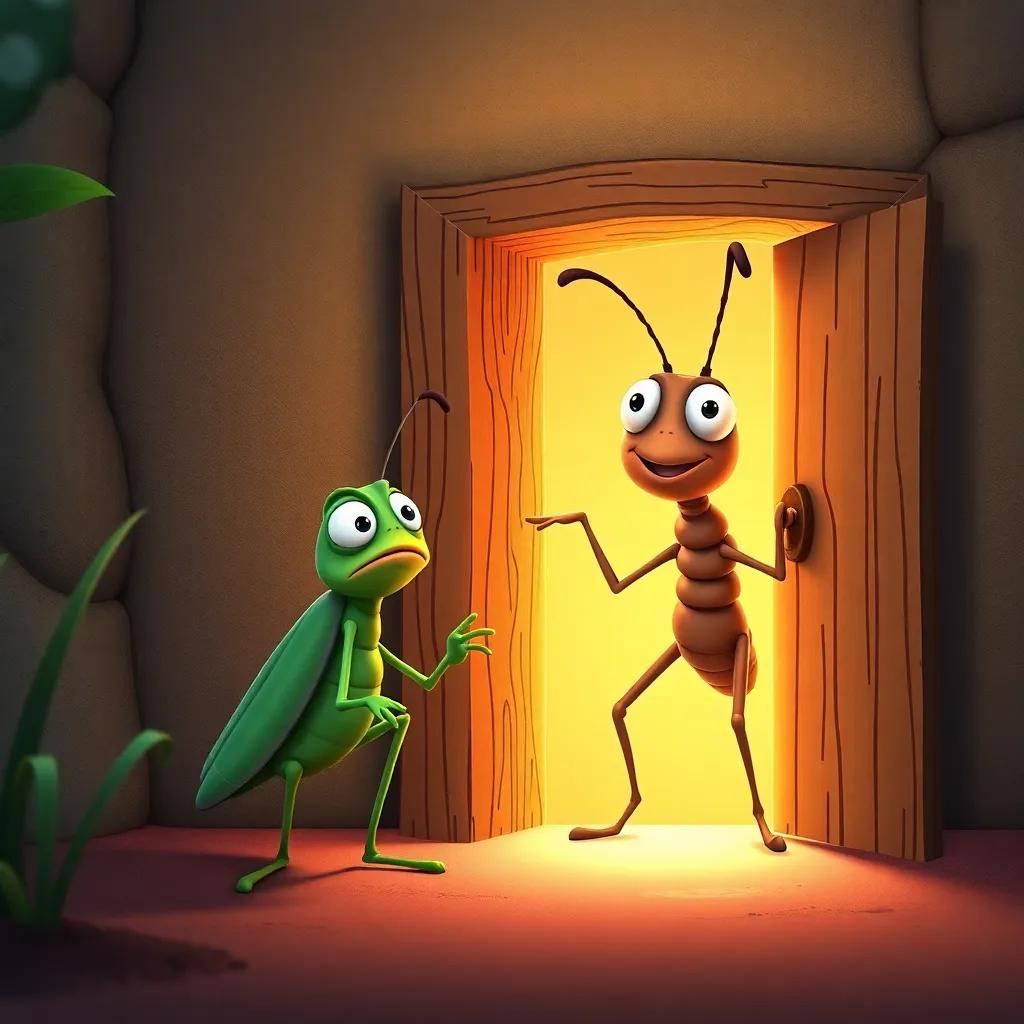 The grasshopper knocks on the ant's door, with a worried expression, while the ant opens it with a smile, surrounded by a warm, inviting glow of light, digital art, friendly and welcoming, heartwarming scene, high quality