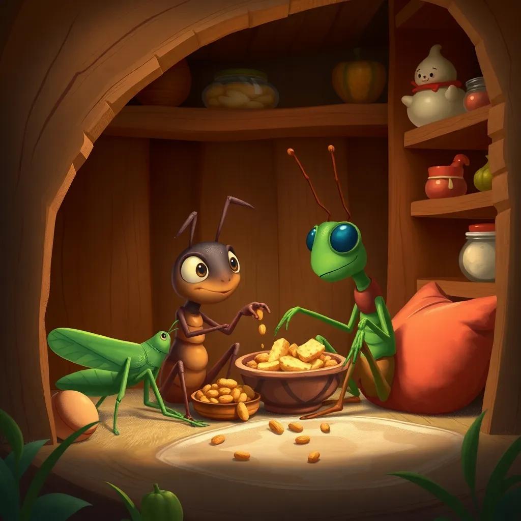 The ant graciously shares his food with the grasshopper, sitting together in the ant's cozy home, with shelves filled with stored food, digital painting, detailed and comforting, warm atmosphere, high quality