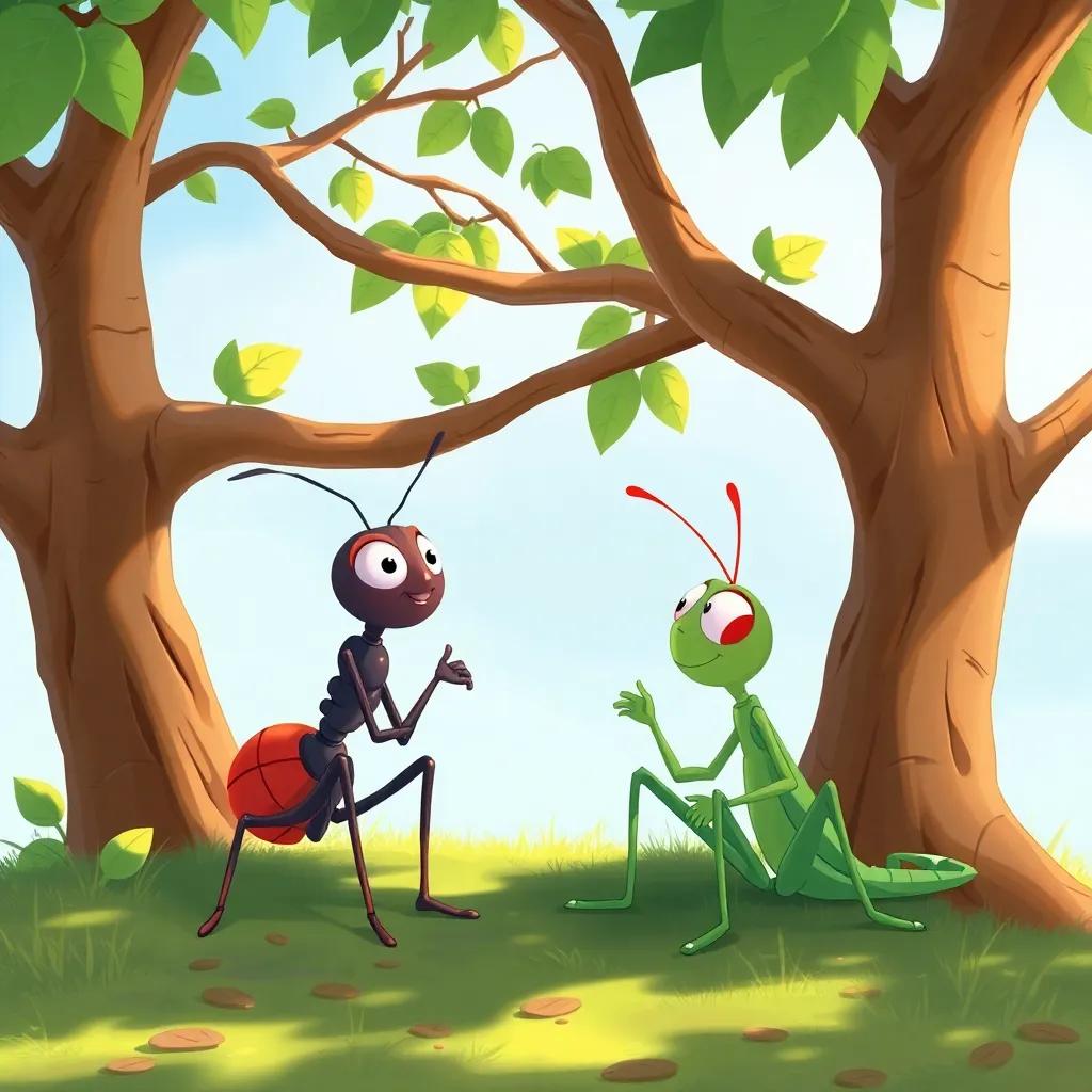 The ant and the grasshopper sit together under a tree, discussing their newfound balance of work and play as they prepare for the next season, illustration, bright and lively, emphasizing friendship, high quality