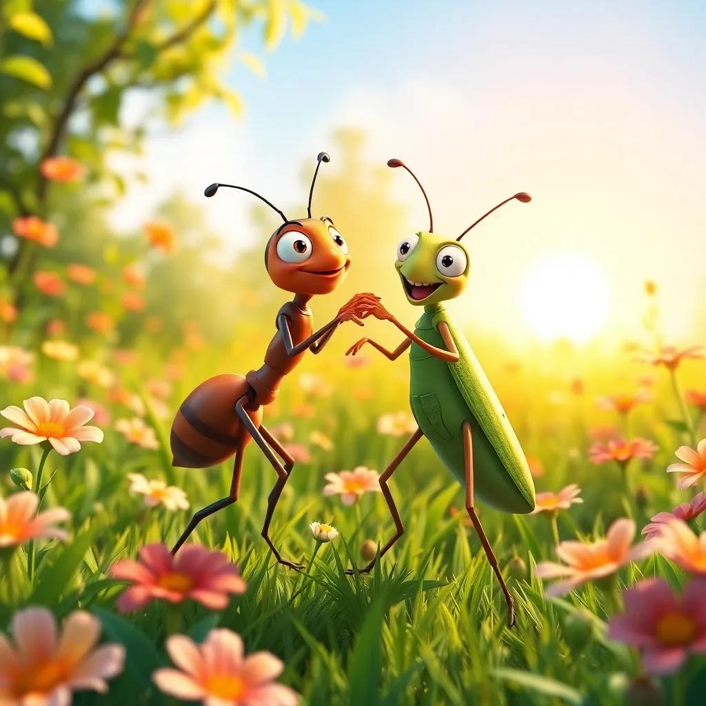 The ant and the grasshopper dance joyfully together in the sunny meadow, surrounded by flowers and lush greenery, showcasing harmony and teamwork, digital art, vibrant colors, cheerful atmosphere, high quality