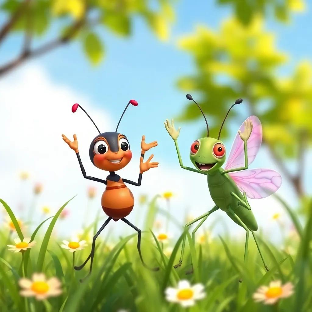 The ant and the grasshopper wave to their friends in the meadow, with smiles on their faces, enjoying both sunny days and gentle breezes, illustration, bright and joyful, showing camaraderie, high quality