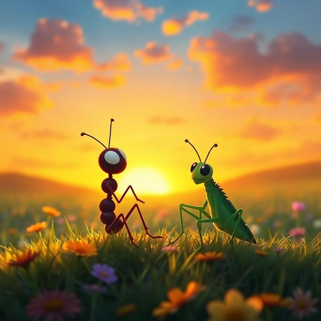 A vibrant sunset over the meadow as the ant and the grasshopper sit side by side, reflecting on the day's lessons, with warm colors blending beautifully, digital painting, serene and magical, uplifting spirit, high quality