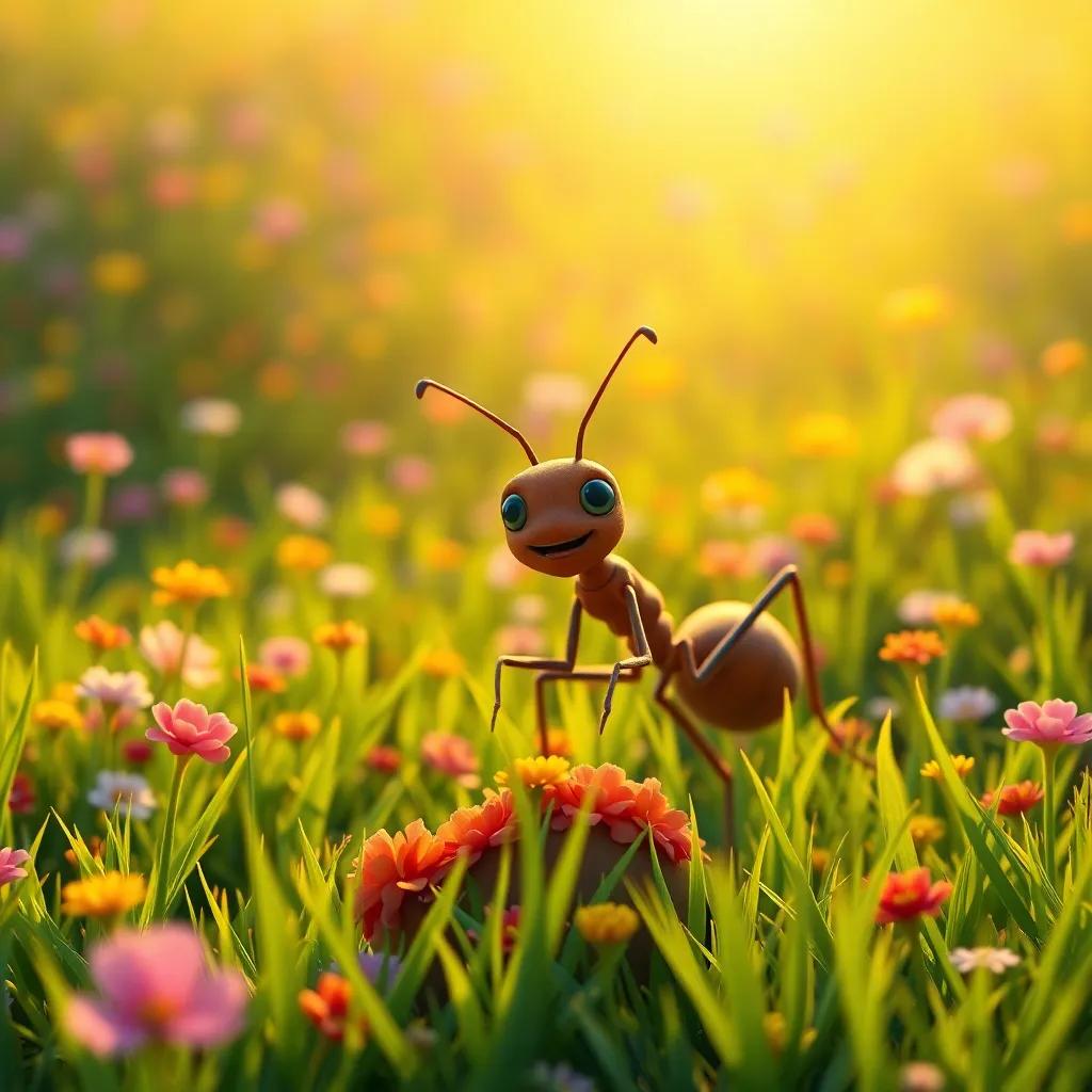 Andy the ant continuing to work diligently, while a colorful meadow glows in the sunlight, gathering food and feeling proud, warm light, bright green grass, happy perspective, detailed art, inviting
