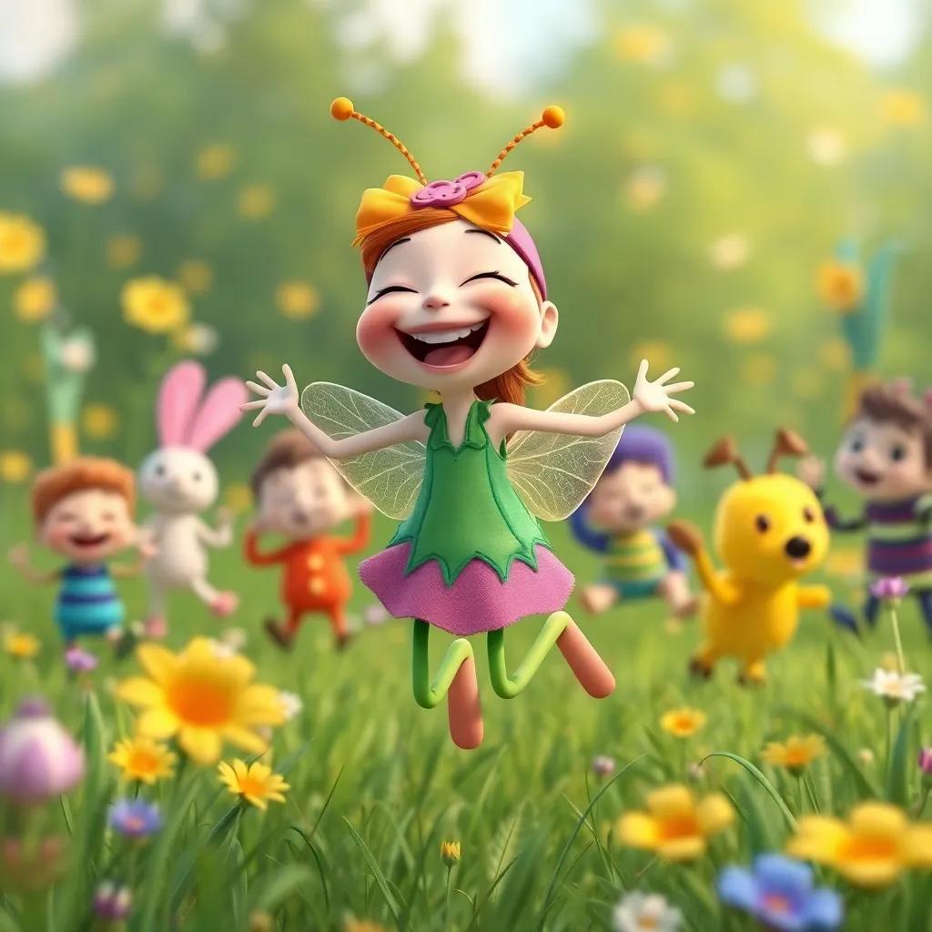 Ginny the grasshopper skipping joyfully and laughing in a meadow, surrounded by friends having fun, joy and carefreeness, cheerful atmosphere, color-rich character illustrations